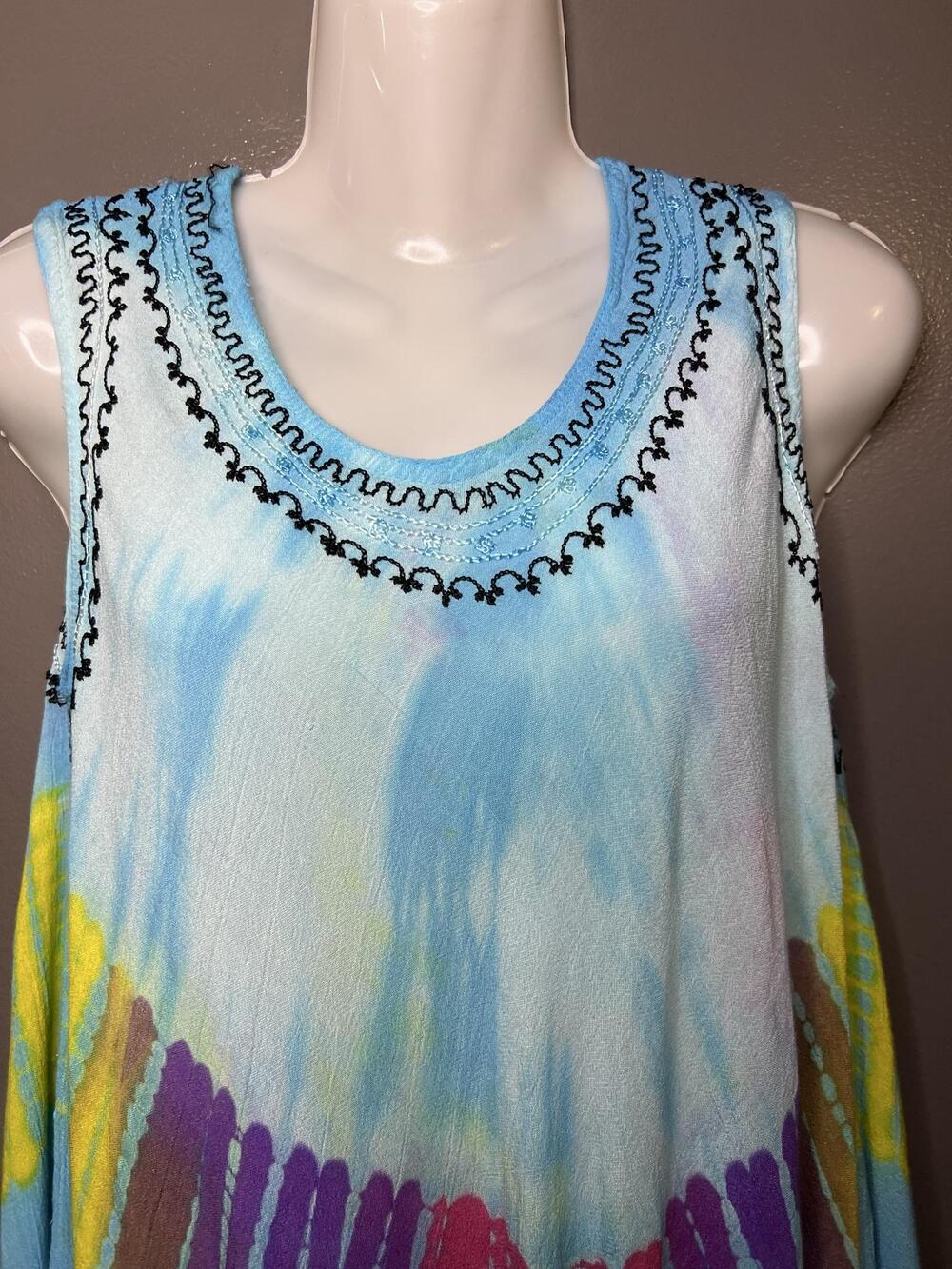 India Boutique Dress Womens Free Size Blue Tie Dye Embroidered Trapeze Sundress